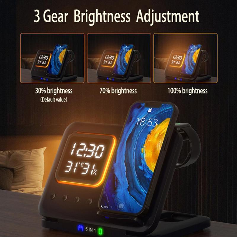 15W Wireless Chargers Stand 5 In1 LED Digital Alarm Clock Fast Charging Dock Station - @3 - MMM