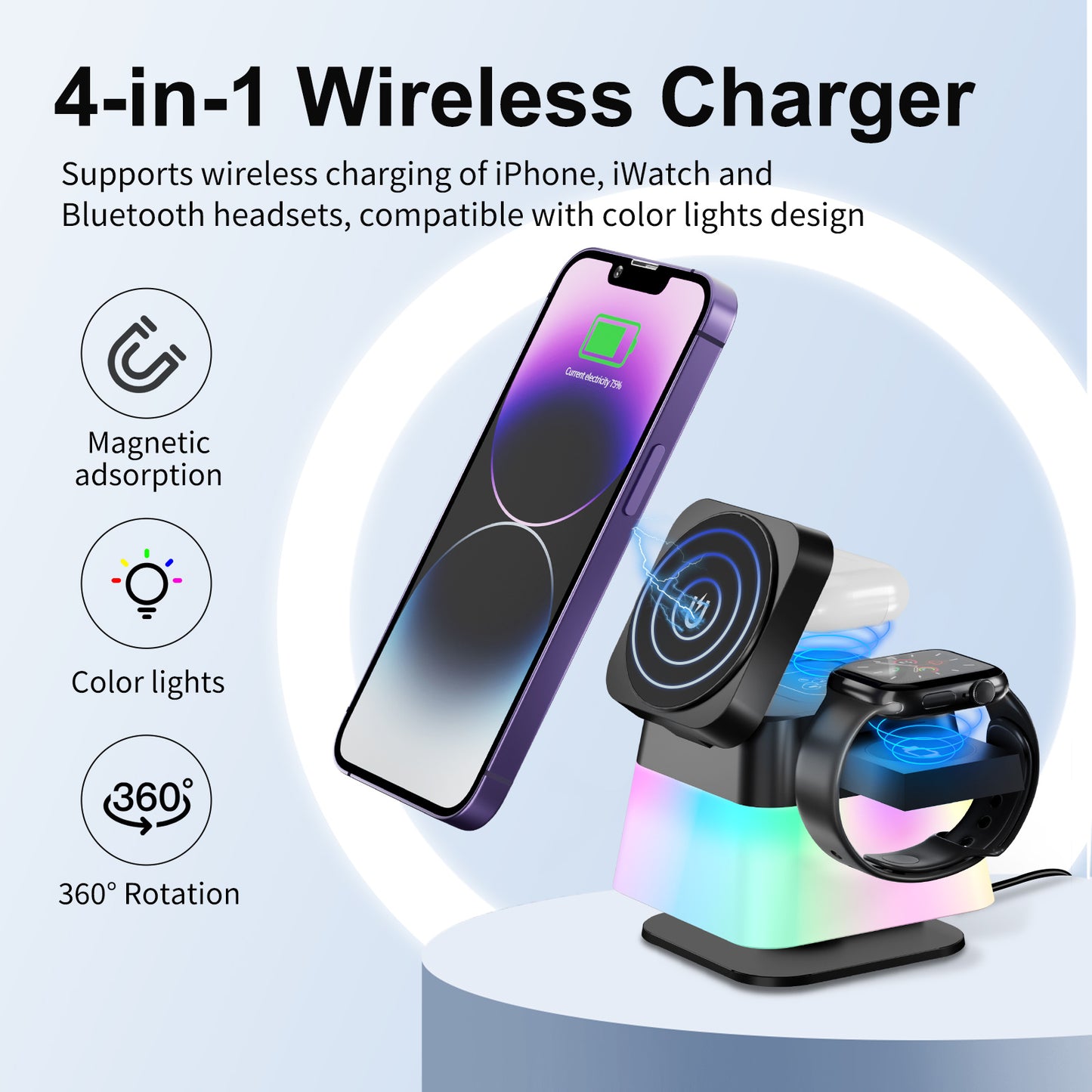 4 In 1 Rotatable Colorful Lighting Wireless Charger Stand For Phone 15 14 13 12 Pro Max 8 7 Holder Magnetic Fast Charging Station @3-MMM