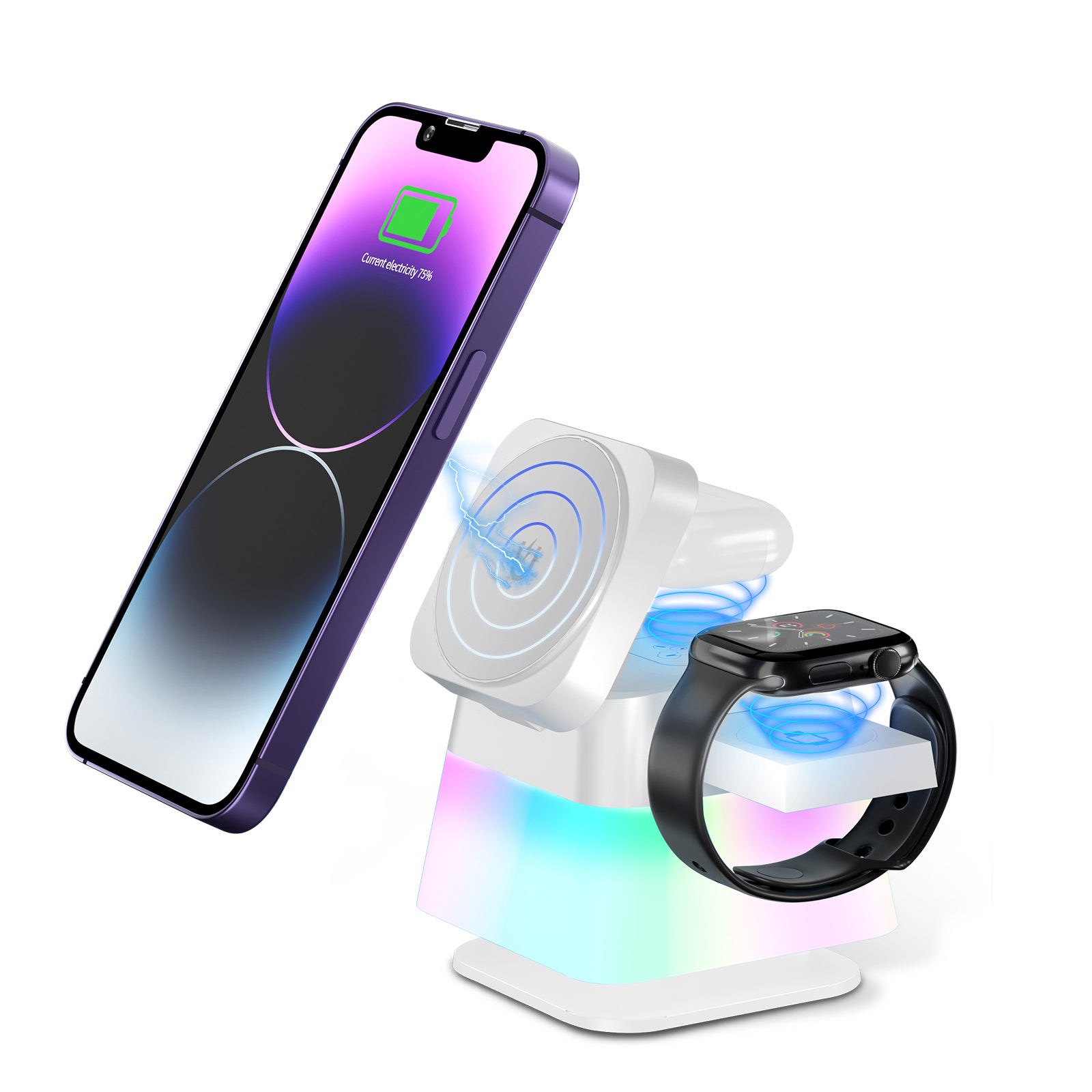 4 In 1 Rotatable Colorful Lighting Wireless Charger Stand For Phone 15 14 13 12 Pro Max 8 7 Holder Magnetic Fast Charging Station @3-MMM