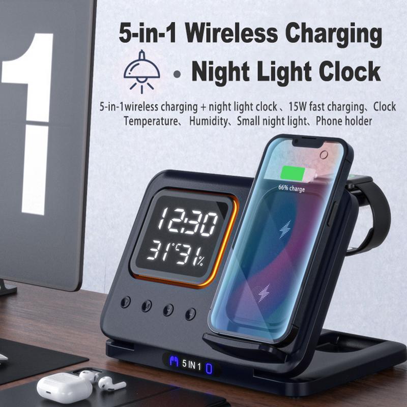 15W Wireless Chargers Stand 5 In1 LED Digital Alarm Clock Fast Charging Dock Station - @3 - MMM